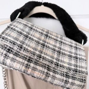 Cato Black & Ivory Tweed Shoulder Bag with Faux Fur Handle